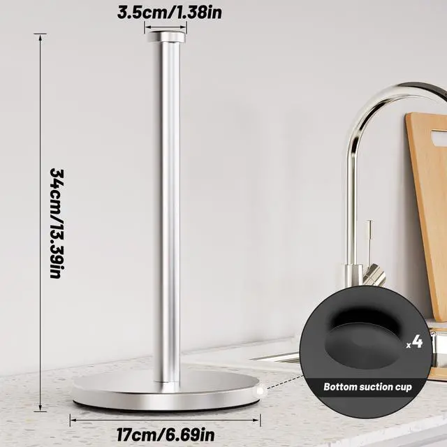 Alt view image 3 of 7 - Paper Towel Holder Countertop, Stainless Steel Paper Towel Holder Stand with Weighted Base Suction Cups, Standing Paper Towel Roll Holder for Kitchen Bathroom (Silver)