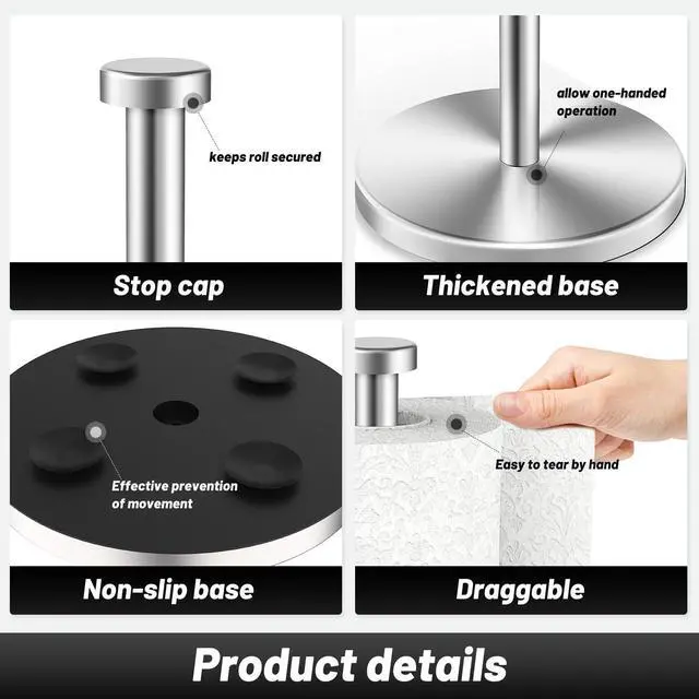 Alt view image 4 of 7 - Paper Towel Holder Countertop, Stainless Steel Paper Towel Holder Stand with Weighted Base Suction Cups, Standing Paper Towel Roll Holder for Kitchen Bathroom (Silver)