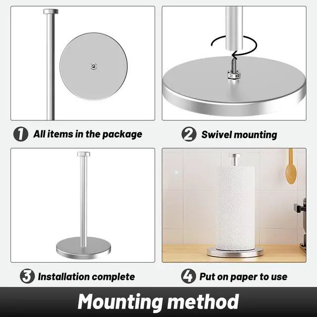 Alt view image 5 of 7 - Paper Towel Holder Countertop, Stainless Steel Paper Towel Holder Stand with Weighted Base Suction Cups, Standing Paper Towel Roll Holder for Kitchen Bathroom (Silver)