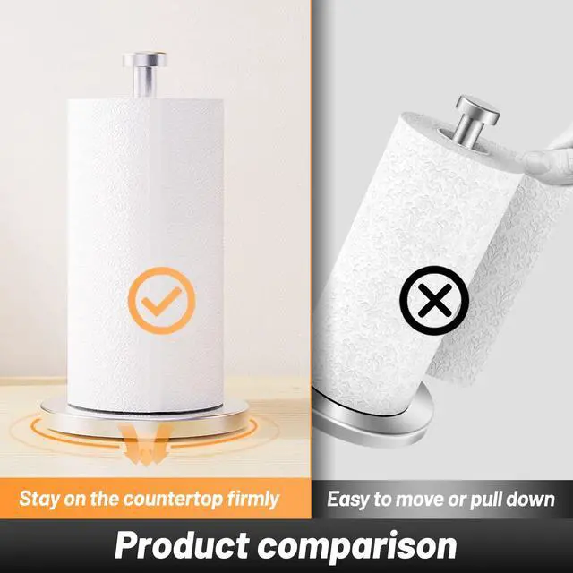 Alt view image 6 of 7 - Paper Towel Holder Countertop, Stainless Steel Paper Towel Holder Stand with Weighted Base Suction Cups, Standing Paper Towel Roll Holder for Kitchen Bathroom (Silver)