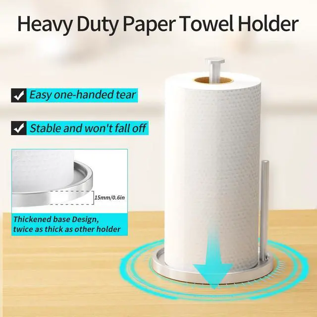 Alt view image 2 of 7 - Paper Towel Holder Countertop, Standing Paper Roll Holder with Anti Slip Weighted Base, Stainless Steel Freestanding Paper Towel Holder for Kitchen, Silver