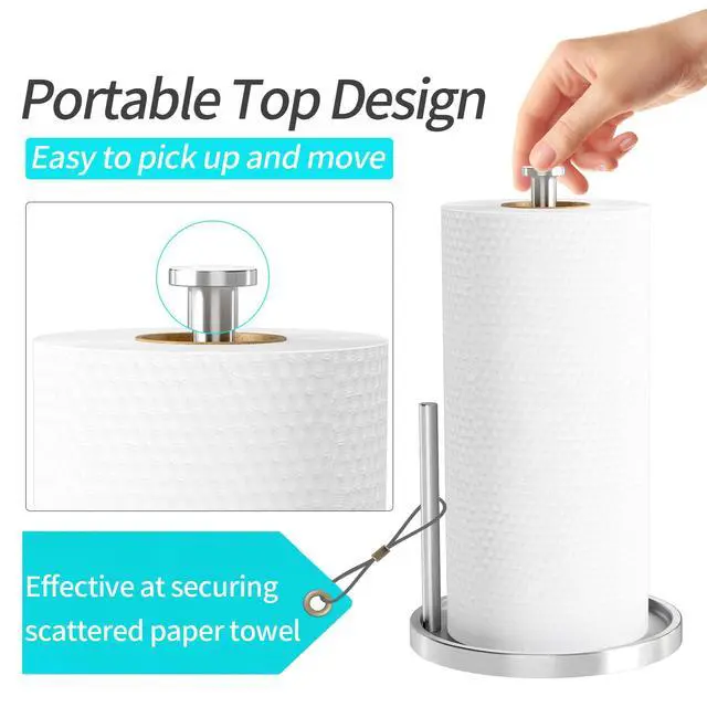 Alt view image 3 of 7 - Paper Towel Holder Countertop, Standing Paper Roll Holder with Anti Slip Weighted Base, Stainless Steel Freestanding Paper Towel Holder for Kitchen, Silver