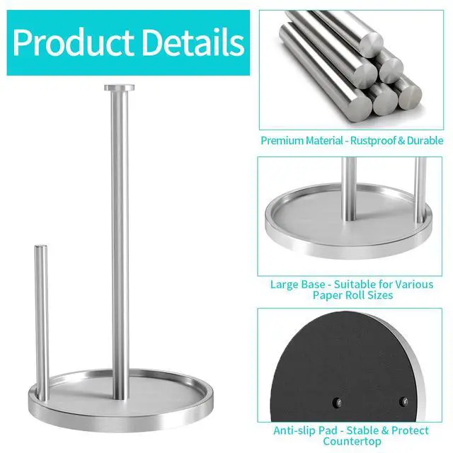 Alt view image 4 of 7 - Paper Towel Holder Countertop, Standing Paper Roll Holder with Anti Slip Weighted Base, Stainless Steel Freestanding Paper Towel Holder for Kitchen, Silver