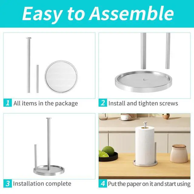 Alt view image 6 of 7 - Paper Towel Holder Countertop, Standing Paper Roll Holder with Anti Slip Weighted Base, Stainless Steel Freestanding Paper Towel Holder for Kitchen, Silver