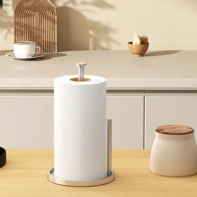 Alt view image 7 of 7 - Paper Towel Holder Countertop, Standing Paper Roll Holder with Anti Slip Weighted Base, Stainless Steel Freestanding Paper Towel Holder for Kitchen, Silver