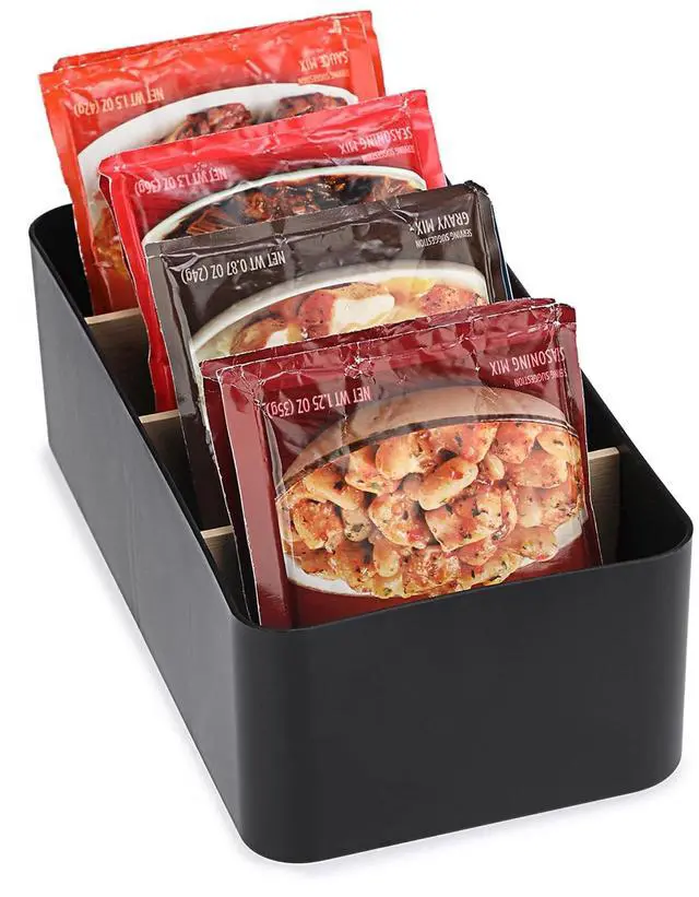 Main image of Seasoning Packet Organizer, Food Storage Organizer with Divided 4 Bamboo Wood Compartments, Black Plastic Storage Caddy for Pantry Cabinet, Kitchen Organization Bin for Snacks Spice Packets