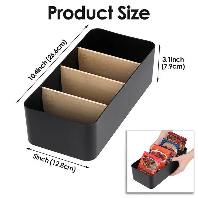 Alt view image 2 of 7 - Seasoning Packet Organizer, Food Storage Organizer with Divided 4 Bamboo Wood Compartments, Black Plastic Storage Caddy for Pantry Cabinet, Kitchen Organization Bin for Snacks Spice Packets