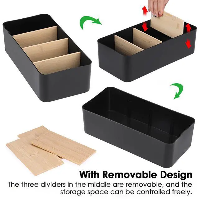 Alt view image 3 of 7 - Seasoning Packet Organizer, Food Storage Organizer with Divided 4 Bamboo Wood Compartments, Black Plastic Storage Caddy for Pantry Cabinet, Kitchen Organization Bin for Snacks Spice Packets