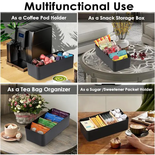 Alt view image 5 of 7 - Seasoning Packet Organizer, Food Storage Organizer with Divided 4 Bamboo Wood Compartments, Black Plastic Storage Caddy for Pantry Cabinet, Kitchen Organization Bin for Snacks Spice Packets