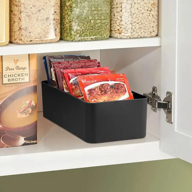 Alt view image 6 of 7 - Seasoning Packet Organizer, Food Storage Organizer with Divided 4 Bamboo Wood Compartments, Black Plastic Storage Caddy for Pantry Cabinet, Kitchen Organization Bin for Snacks Spice Packets
