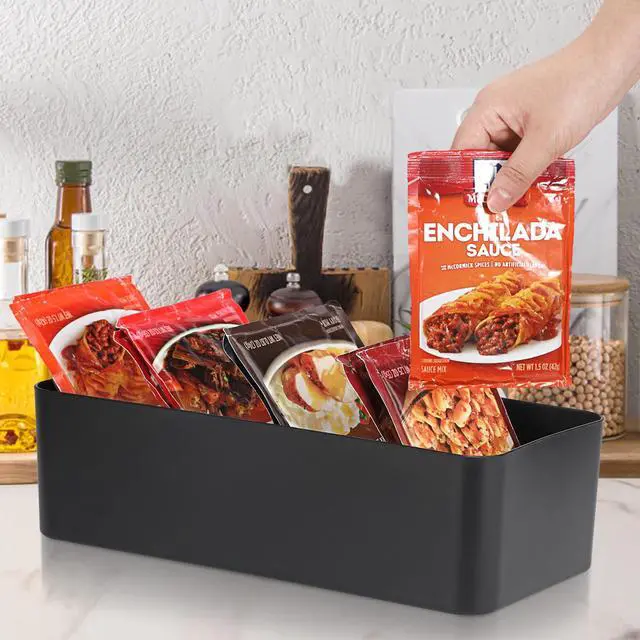Alt view image 7 of 7 - Seasoning Packet Organizer, Food Storage Organizer with Divided 4 Bamboo Wood Compartments, Black Plastic Storage Caddy for Pantry Cabinet, Kitchen Organization Bin for Snacks Spice Packets