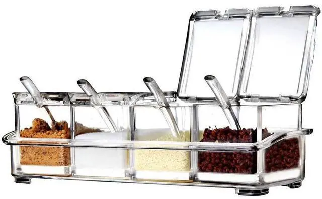 Main image of Seasoning Box, Seasoning Rack Spice Pots, Storage Container Condiment Jars, 4 Piece Clear Acrylic Cruet with Cover and Spoon Transparent