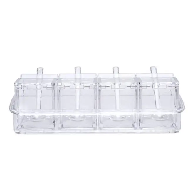 Alt view image 4 of 6 - Seasoning Box, Seasoning Rack Spice Pots, Storage Container Condiment Jars, 4 Piece Clear Acrylic Cruet with Cover and Spoon Transparent