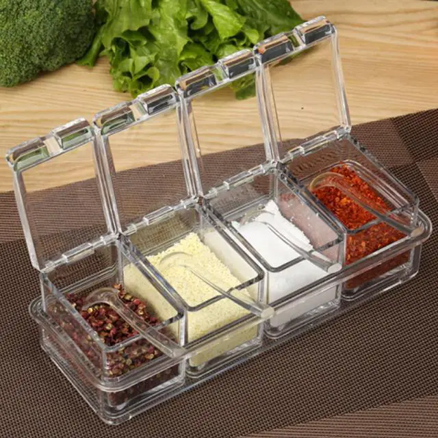Alt view image 3 of 6 - Seasoning Box, Seasoning Rack Spice Pots, Storage Container Condiment Jars, 4 Piece Clear Acrylic Cruet with Cover and Spoon Transparent