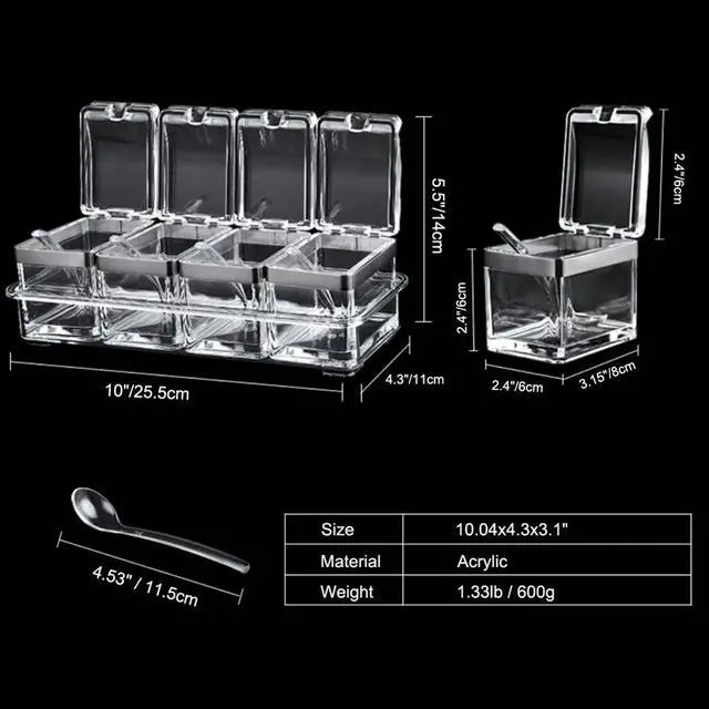 Alt view image 6 of 6 - Seasoning Box, Seasoning Rack Spice Pots, Storage Container Condiment Jars, 4 Piece Clear Acrylic Cruet with Cover and Spoon Transparent