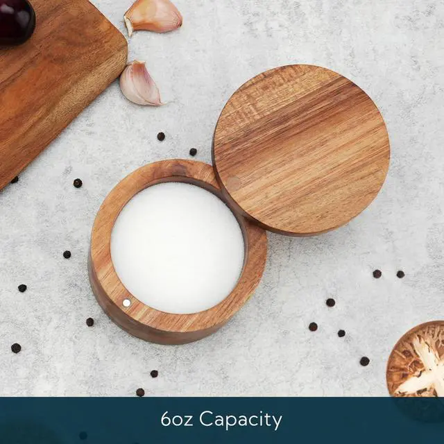 Alt view image 2 of 7 - Acacia Wood Salt Cellar Bowl Box, Elegant Kitchen Holder Container with Swivel Magnetic Lid to Store Favorite Seasonings Pepper Spice or Bath, 6oz