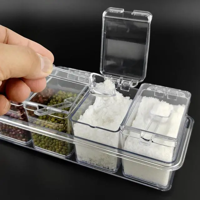 Alt view image 5 of 6 - Transparent Seasoning Box,4 Pack Clear Seasoning Rack Spice Pots Condiments Containers with Lids and Spoons,Clear Seasoning Storage Container for Spice (Transparent)