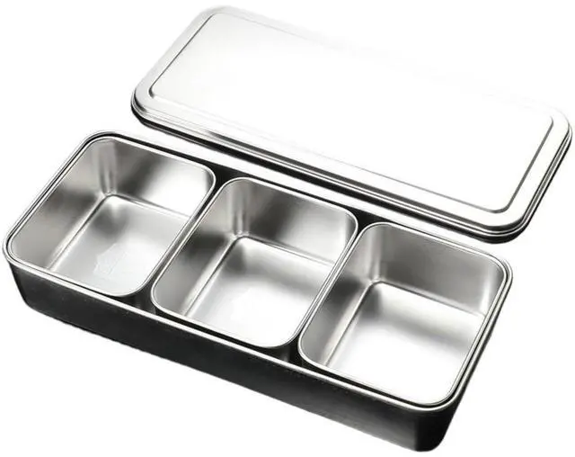 Main image of Stainless Steel 3-Compartment Seasoning Box with Lid, Rectangular Condiment Organizer for Spices, Toppings, 13x5.5x2.5 Inch