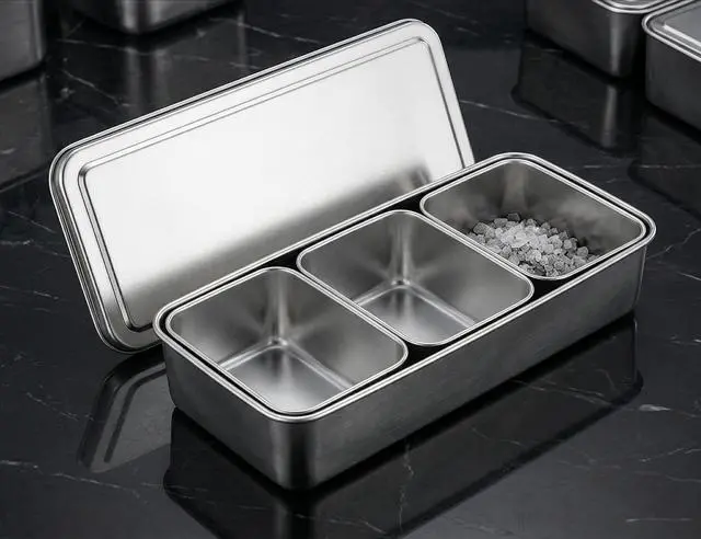 Alt view image 2 of 6 - Stainless Steel 3-Compartment Seasoning Box with Lid, Rectangular Condiment Organizer for Spices, Toppings, 13x5.5x2.5 Inch