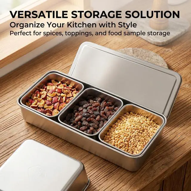 Alt view image 3 of 6 - Stainless Steel 3-Compartment Seasoning Box with Lid, Rectangular Condiment Organizer for Spices, Toppings, 13x5.5x2.5 Inch
