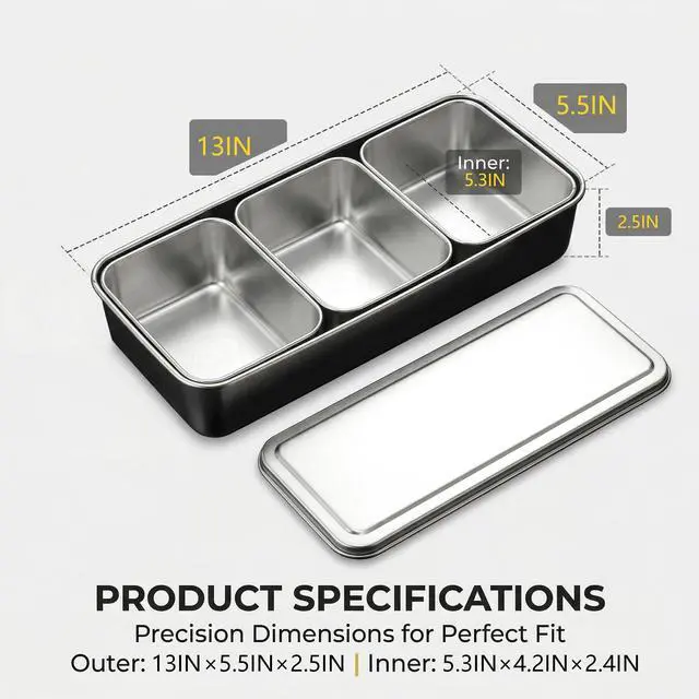 Alt view image 4 of 6 - Stainless Steel 3-Compartment Seasoning Box with Lid, Rectangular Condiment Organizer for Spices, Toppings, 13x5.5x2.5 Inch