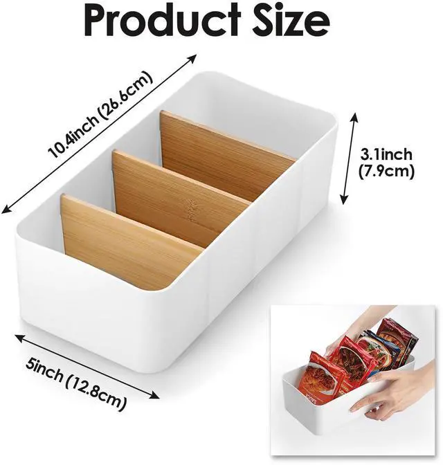 Alt view image 2 of 7 - Seasoning Packet Organizer, Food Storage Organizer with Divided 4 Bamboo Wood Compartments, Plastic Storage Caddy for Kitchen Pantry Cabinet, Kitchen Organization Bin for Snacks Spice Packets