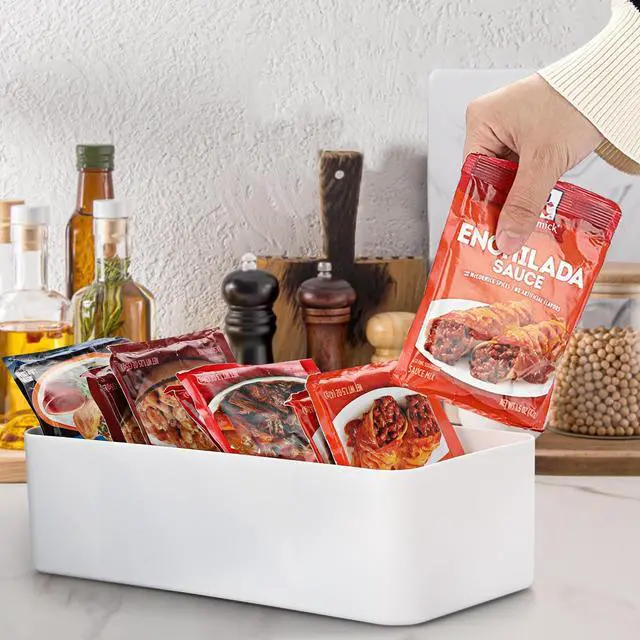 Alt view image 5 of 7 - Seasoning Packet Organizer, Food Storage Organizer with Divided 4 Bamboo Wood Compartments, Plastic Storage Caddy for Kitchen Pantry Cabinet, Kitchen Organization Bin for Snacks Spice Packets