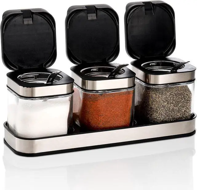 Main image of 3 Pack Glass Seasoning Box with Tray, Clear Condiment Canister with 18/10 Stainless Steel Lid and Spoon, Kitchen Spice Pot with Base, Salt Pepper Sugar Storage Container Jar Cruet for Desk