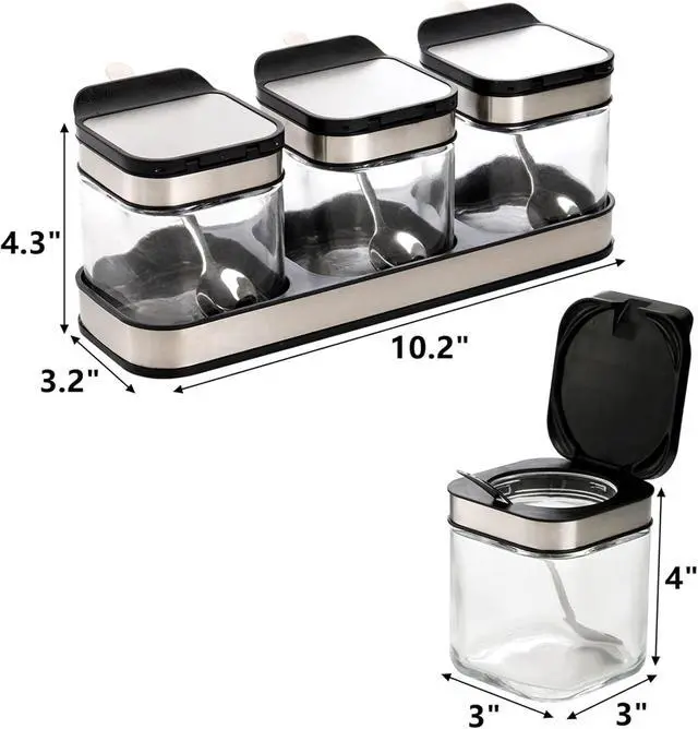 Alt view image 2 of 7 - 3 Pack Glass Seasoning Box with Tray, Clear Condiment Canister with 18/10 Stainless Steel Lid and Spoon, Kitchen Spice Pot with Base, Salt Pepper Sugar Storage Container Jar Cruet for Desk