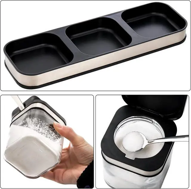 Alt view image 3 of 7 - 3 Pack Glass Seasoning Box with Tray, Clear Condiment Canister with 18/10 Stainless Steel Lid and Spoon, Kitchen Spice Pot with Base, Salt Pepper Sugar Storage Container Jar Cruet for Desk