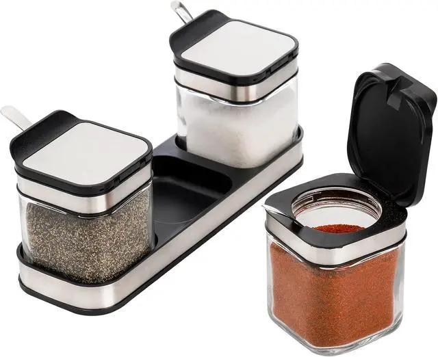 Alt view image 4 of 7 - 3 Pack Glass Seasoning Box with Tray, Clear Condiment Canister with 18/10 Stainless Steel Lid and Spoon, Kitchen Spice Pot with Base, Salt Pepper Sugar Storage Container Jar Cruet for Desk