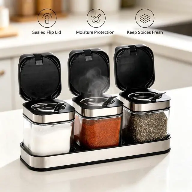 Alt view image 5 of 7 - 3 Pack Glass Seasoning Box with Tray, Clear Condiment Canister with 18/10 Stainless Steel Lid and Spoon, Kitchen Spice Pot with Base, Salt Pepper Sugar Storage Container Jar Cruet for Desk