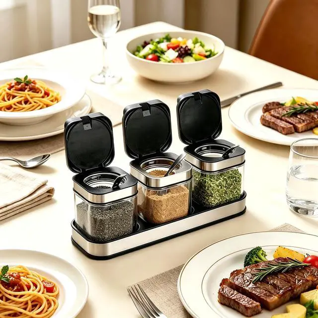 Alt view image 6 of 7 - 3 Pack Glass Seasoning Box with Tray, Clear Condiment Canister with 18/10 Stainless Steel Lid and Spoon, Kitchen Spice Pot with Base, Salt Pepper Sugar Storage Container Jar Cruet for Desk