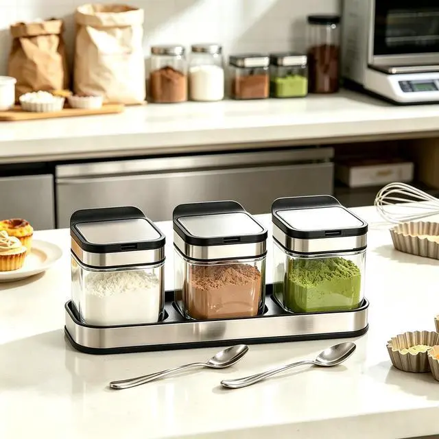 Alt view image 7 of 7 - 3 Pack Glass Seasoning Box with Tray, Clear Condiment Canister with 18/10 Stainless Steel Lid and Spoon, Kitchen Spice Pot with Base, Salt Pepper Sugar Storage Container Jar Cruet for Desk