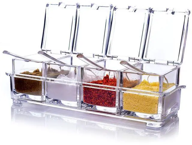 Main image of Clear Seasoning Rack Spice Pots - 4 Piece Acrylic Seasoning Box - Storage Container Condiment Jars - Cruet with Cover and Spoon