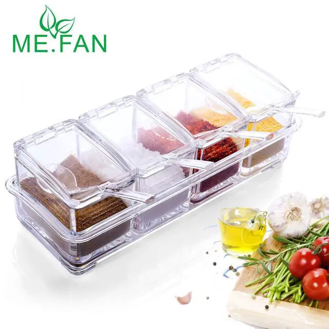 Alt view image 2 of 7 - Clear Seasoning Rack Spice Pots - 4 Piece Acrylic Seasoning Box - Storage Container Condiment Jars - Cruet with Cover and Spoon