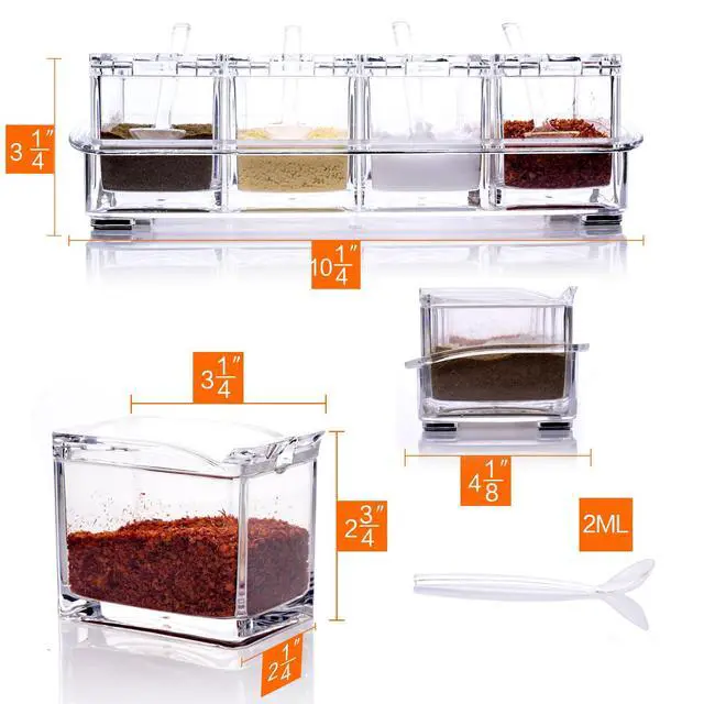 Alt view image 3 of 7 - Clear Seasoning Rack Spice Pots - 4 Piece Acrylic Seasoning Box - Storage Container Condiment Jars - Cruet with Cover and Spoon