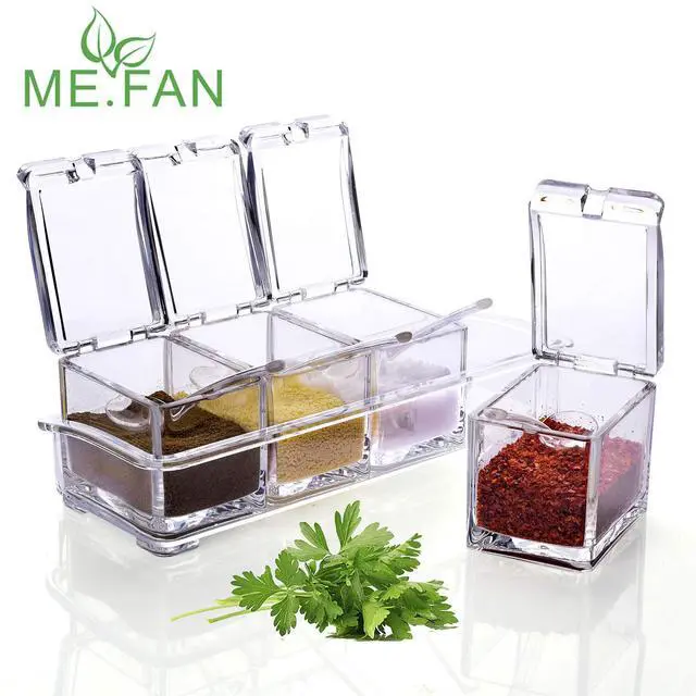 Alt view image 4 of 7 - Clear Seasoning Rack Spice Pots - 4 Piece Acrylic Seasoning Box - Storage Container Condiment Jars - Cruet with Cover and Spoon