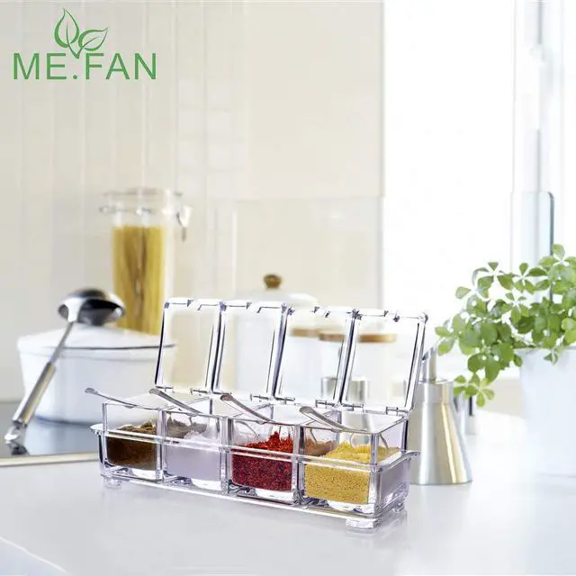 Alt view image 6 of 7 - Clear Seasoning Rack Spice Pots - 4 Piece Acrylic Seasoning Box - Storage Container Condiment Jars - Cruet with Cover and Spoon
