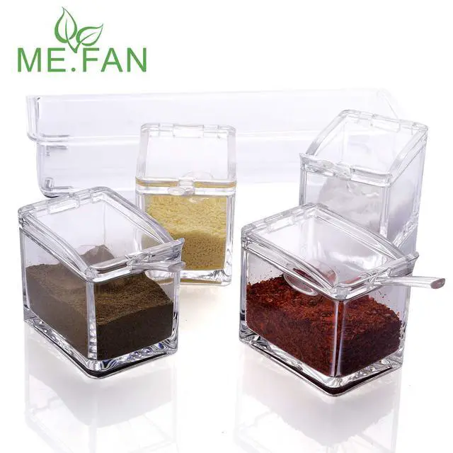Alt view image 5 of 7 - Clear Seasoning Rack Spice Pots - 4 Piece Acrylic Seasoning Box - Storage Container Condiment Jars - Cruet with Cover and Spoon
