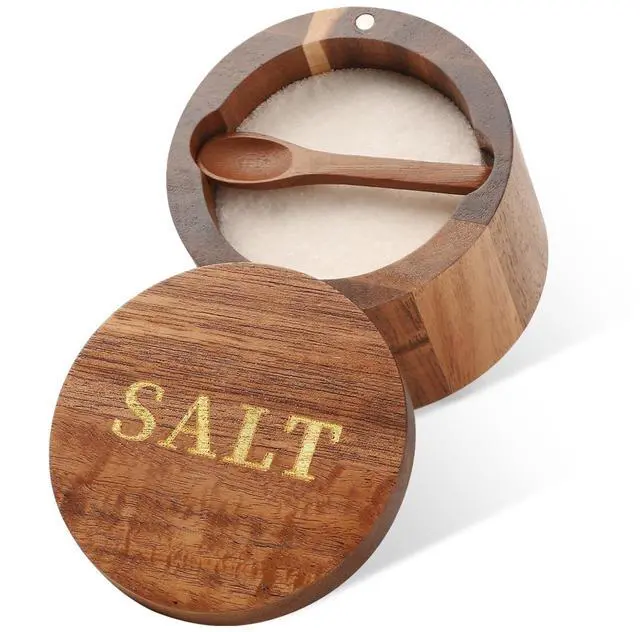 Main image of Salt Cellar, Acacia Wood Salt Container with Built-in Spoon & Swivel Lid, Engraved SALT Box, Salt Holder Bowl for Countertop Seasoning Storage
