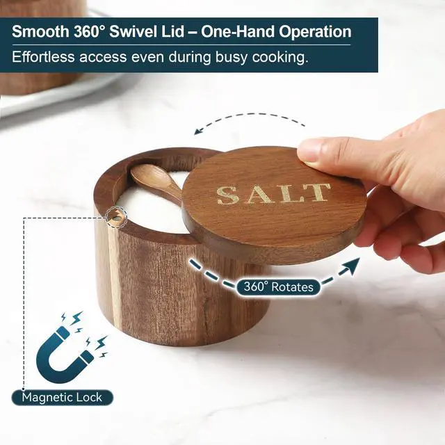 Alt view image 4 of 6 - Salt Cellar, Acacia Wood Salt Container with Built-in Spoon & Swivel Lid, Engraved SALT Box, Salt Holder Bowl for Countertop Seasoning Storage