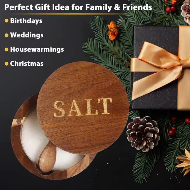 Alt view image 5 of 6 - Salt Cellar, Acacia Wood Salt Container with Built-in Spoon & Swivel Lid, Engraved SALT Box, Salt Holder Bowl for Countertop Seasoning Storage