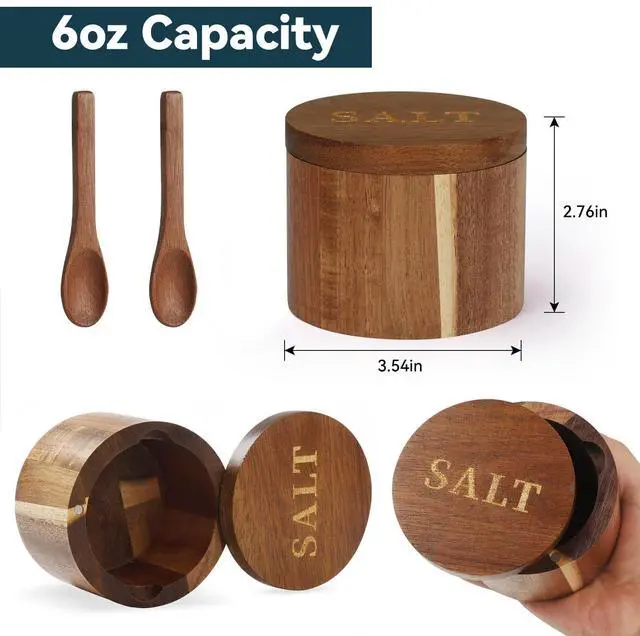 Alt view image 6 of 6 - Salt Cellar, Acacia Wood Salt Container with Built-in Spoon & Swivel Lid, Engraved SALT Box, Salt Holder Bowl for Countertop Seasoning Storage