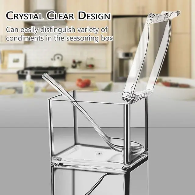 Alt view image 4 of 7 - Clear Seasoning Box, 3 Pieces Seasoning Rack Spice Pots Storage Container for Spice Salt Sugar Cruet Liquid,Condiment Jars with 3 Spoons