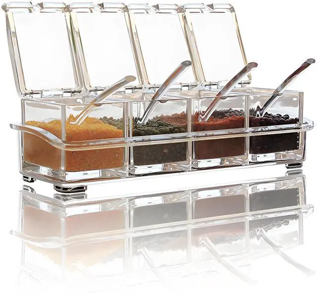 Main image of Clear Seasoning Box,4 Pieces Clear Seasoning Storage Container for Spice Salt Sugar Cruet,Condiment Jars with Spoons