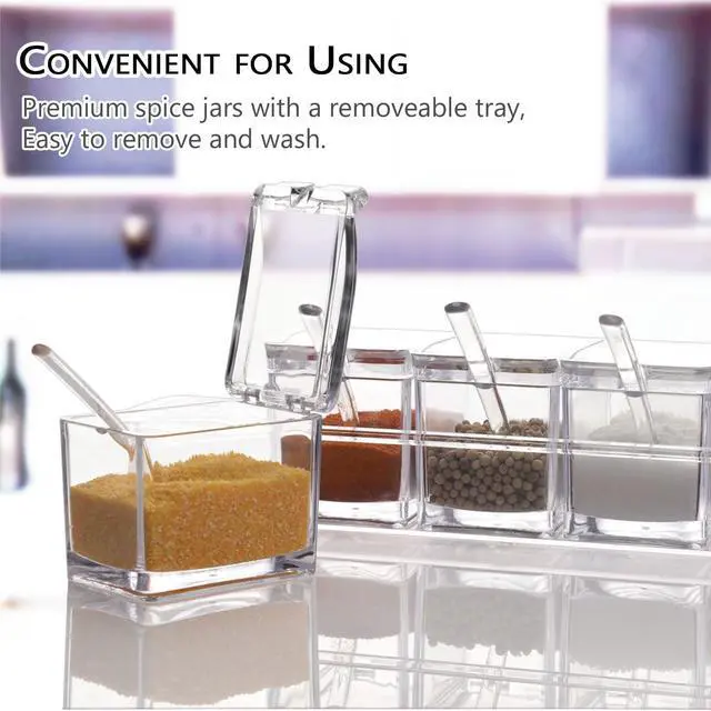 Alt view image 4 of 7 - Clear Seasoning Box,4 Pieces Clear Seasoning Storage Container for Spice Salt Sugar Cruet,Condiment Jars with Spoons