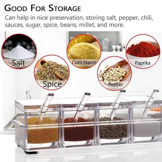 Alt view image 5 of 7 - Clear Seasoning Box,4 Pieces Clear Seasoning Storage Container for Spice Salt Sugar Cruet,Condiment Jars with Spoons