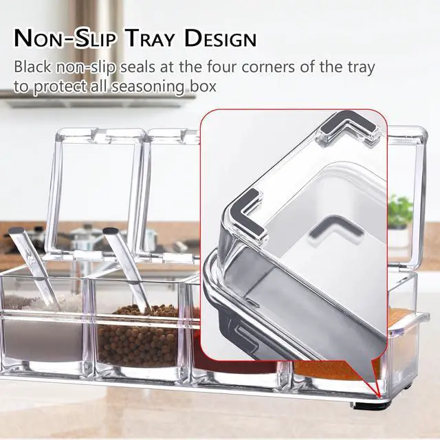 Alt view image 7 of 7 - Clear Seasoning Box,4 Pieces Clear Seasoning Storage Container for Spice Salt Sugar Cruet,Condiment Jars with Spoons