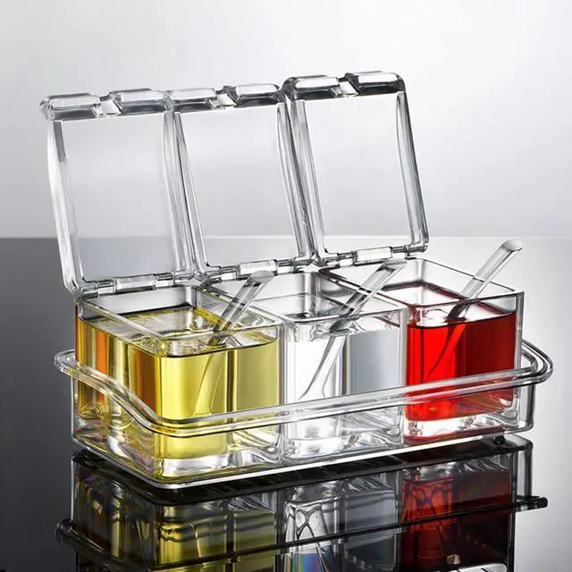 Alt view image 2 of 7 - Clear Seasoning Box, 3 Pieces Seasoning Rack Spice Pots Storage Container for Spice Salt Sugar Cruet Liquid,Condiment Jars with 3 Spoons